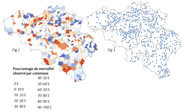 Fig 2 : Représentation des mortalités estimées par commune. Les pertes de colonies sont regroupées par décilles Fig 3 : Localisation des ruchers dans lesquels des observations ont été réalisées.